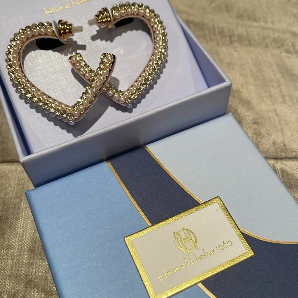House Of Harlow 1960 Pearl & Glass Open Heart Earrings New In Box